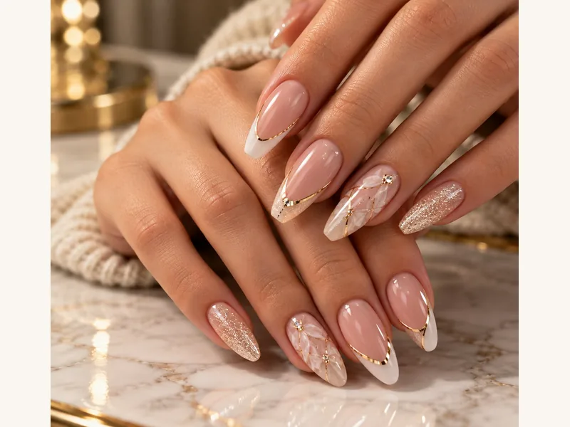 Altın çizgiler, French uçlar ve çiçek detaylarıyla nude nail art tasarımı